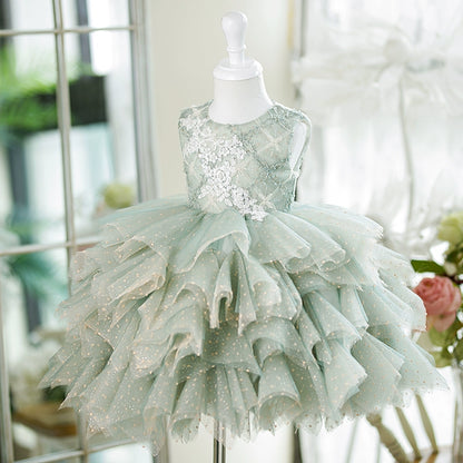 Princess Green Tulle Back Zip Baptism Lace Tea Length Sleeveless Round Flower Girl Dress