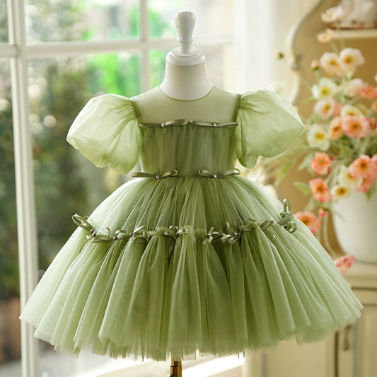 Princess Green Tulle Back Zip Baptism Pleated Tea Length Short Sleeve Puff Sleeve Round Flower Girl Dress