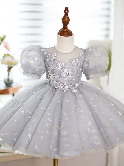 Princess Grey Sequined Back Zip Baptism Lace Tea Length Short Sleeve Puff Sleeve Round Flower Girl Dress