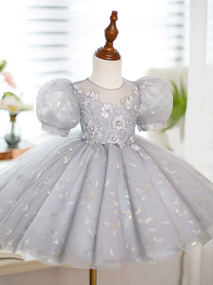 Princess Grey Sequined Back Zip Baptism Lace Tea Length Short Sleeve Puff Sleeve Round Flower Girl Dress