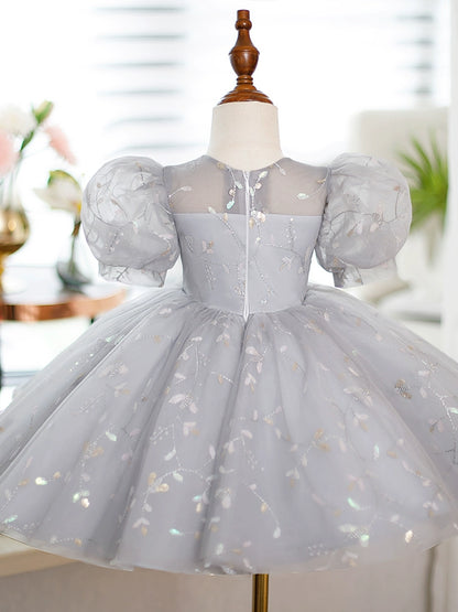 Princess Grey Sequined Back Zip Baptism Lace Tea Length Short Sleeve Puff Sleeve Round Flower Girl Dress