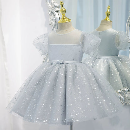 Princess Grey Sequined Back Zip Baptism Ruffle Tea Length Short Sleeve Puff Sleeve Round Flower Girl Dress