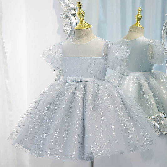 Princess Grey Sequined Back Zip Baptism Ruffle Tea Length Short Sleeve Puff Sleeve Round Flower Girl Dress