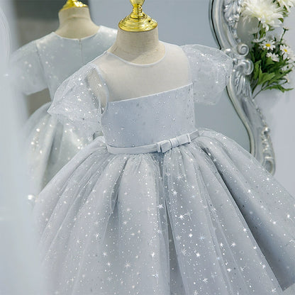 Princess Grey Sequined Back Zip Baptism Ruffle Tea Length Short Sleeve Puff Sleeve Round Flower Girl Dress