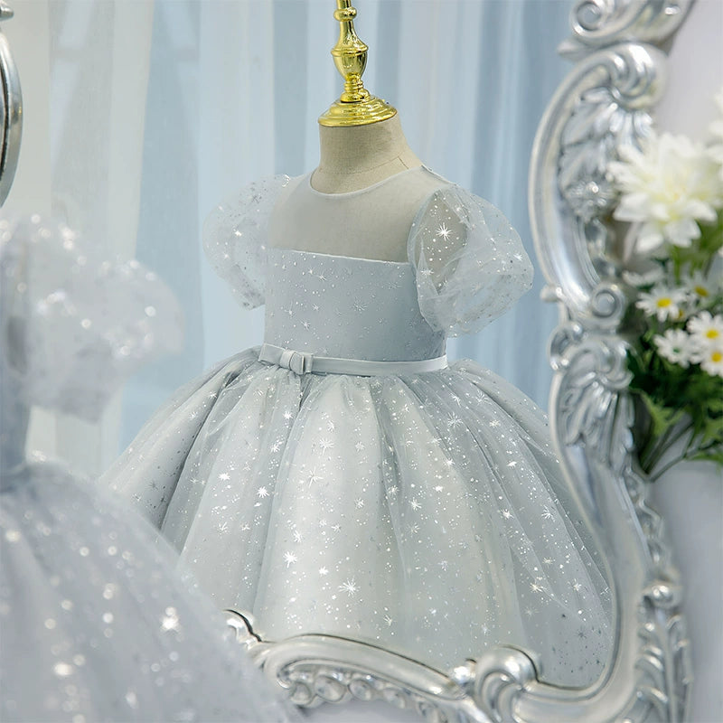 Princess Grey Sequined Back Zip Baptism Ruffle Tea Length Short Sleeve Puff Sleeve Round Flower Girl Dress