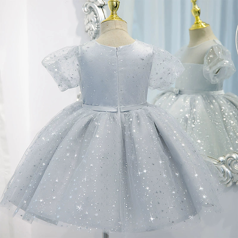Princess Grey Sequined Back Zip Baptism Ruffle Tea Length Short Sleeve Puff Sleeve Round Flower Girl Dress