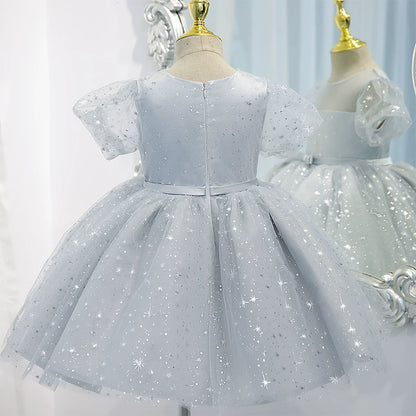 Princess Grey Sequined Back Zip Baptism Ruffle Tea Length Short Sleeve Puff Sleeve Round Flower Girl Dress