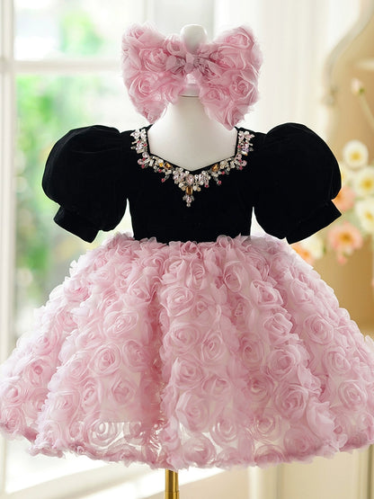 Princess Pink Lace Back Zip Baptism Flower(s) Tea Length Short Sleeve Puff Sleeve Jewel Neck Flower Girl Dress