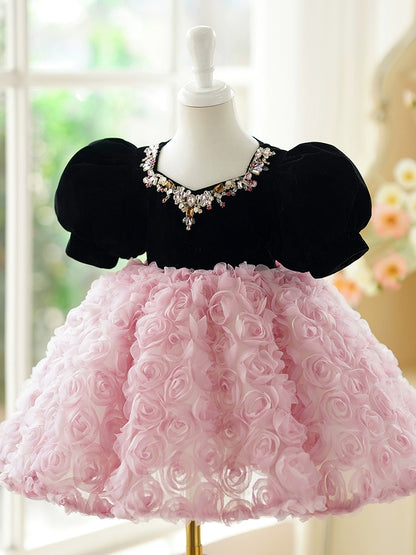 Princess Pink Lace Back Zip Baptism Flower(s) Tea Length Short Sleeve Puff Sleeve Jewel Neck Flower Girl Dress