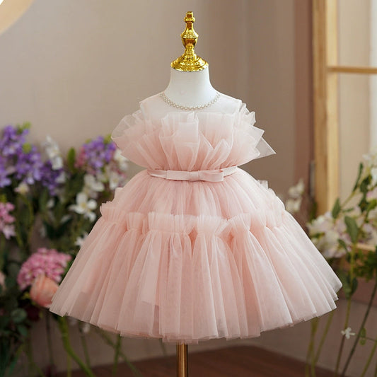 Princess Pink Tulle Off Shoulder Flower Girl Dress - A-line Tea Length