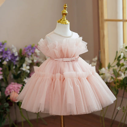 Princess Pink Tulle Off Shoulder Flower Girl Dress - A-line Tea Length