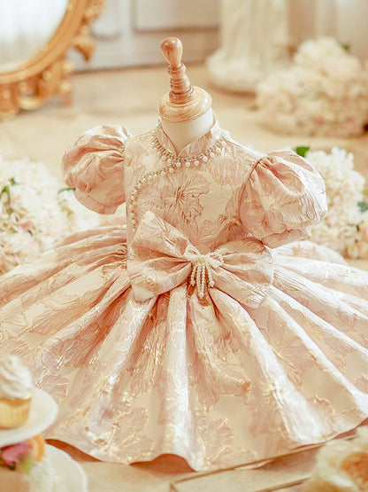 Princess Pink Satin Back Zip Baptism Beaded Tea Length Short Sleeve Puff Sleeve Mock Neck Flower Girl Dress