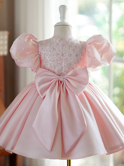 Princess Pink Satin Back Zip Baptism Beaded Tea Length Short Sleeve Puff Sleeve Round Flower Girl Dress