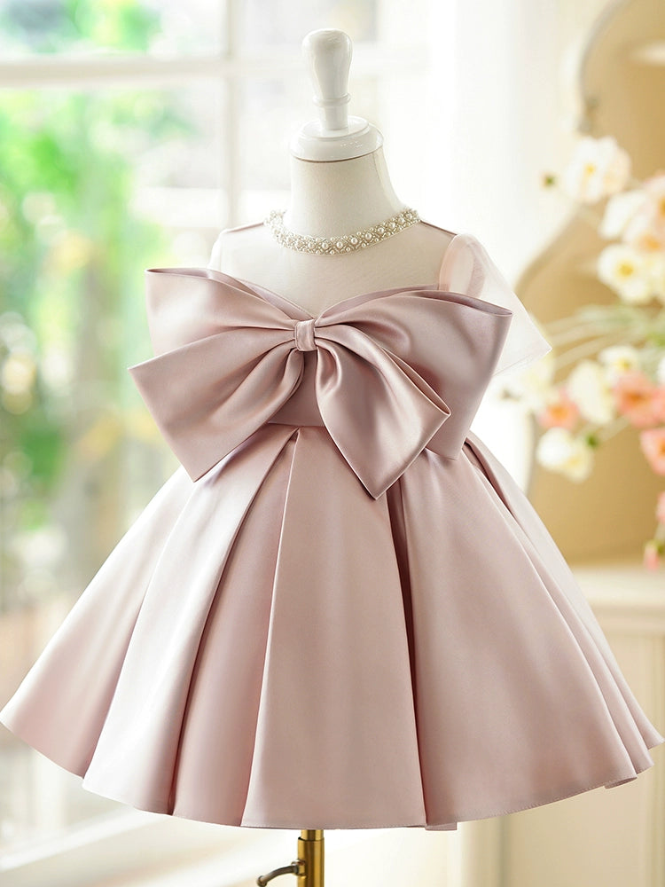 Princess Pink Satin Back Zip Baptism Bow(s) Tea Length Sleeveless Jewel Neck Flower Girl Dress