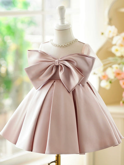 Princess Pink Satin Back Zip Baptism Bow(s) Tea Length Sleeveless Jewel Neck Flower Girl Dress