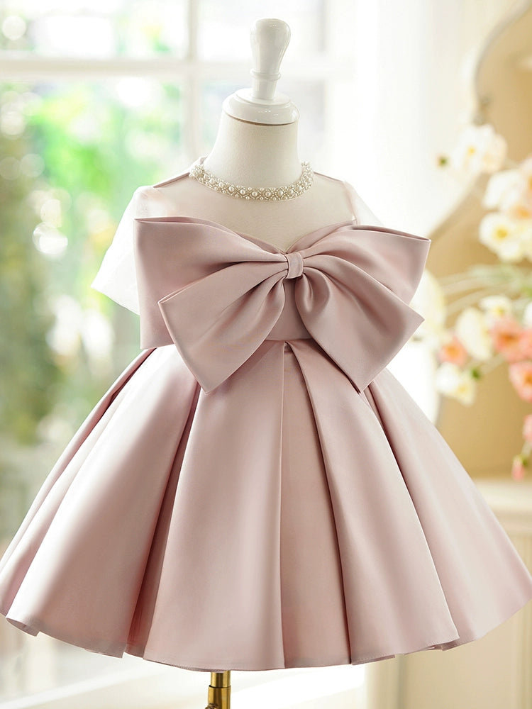 Princess Pink Satin Back Zip Baptism Bow(s) Tea Length Sleeveless Jewel Neck Flower Girl Dress
