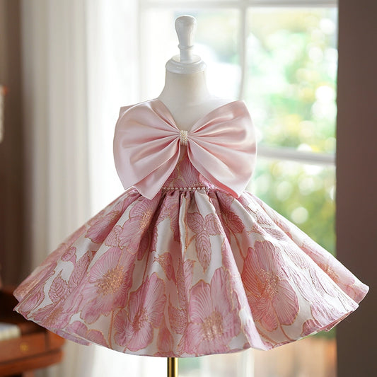 Princess Pink Satin Back Zip Baptism Bow(s) Tea Length Sleeveless Round Flower Girl Dress