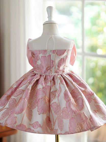 Princess Pink Satin Back Zip Baptism Bow(s) Tea Length Sleeveless Round Flower Girl Dress