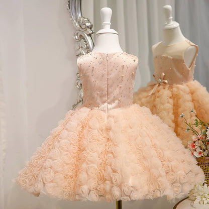 Princess Pink Satin Back Zip Baptism Flower(s) Tea Length Sleeveless Round Flower Girl Dress