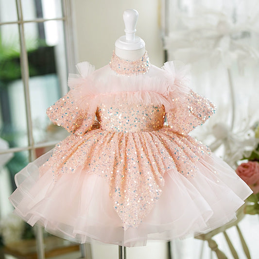 Princess Pink Sequined Back Zip Baptism Cascading Ruffles Tea Length Short Sleeve Puff Sleeve Mock Neck Flower Girl Dress