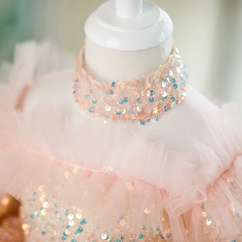 Princess Pink Sequined Back Zip Baptism Cascading Ruffles Tea Length Short Sleeve Puff Sleeve Mock Neck Flower Girl Dress