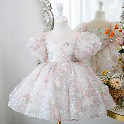 Princess Pink Sequined Back Zip Baptism Sequins Short Short Sleeve Puff Sleeve Boat Neck Flower Girl Dress