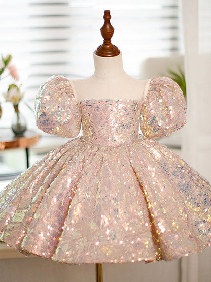 Princess Pink Sequined Back Zip Baptism Sequins Tea Length Short Sleeve Puff Sleeve Round Flower Girl Dress