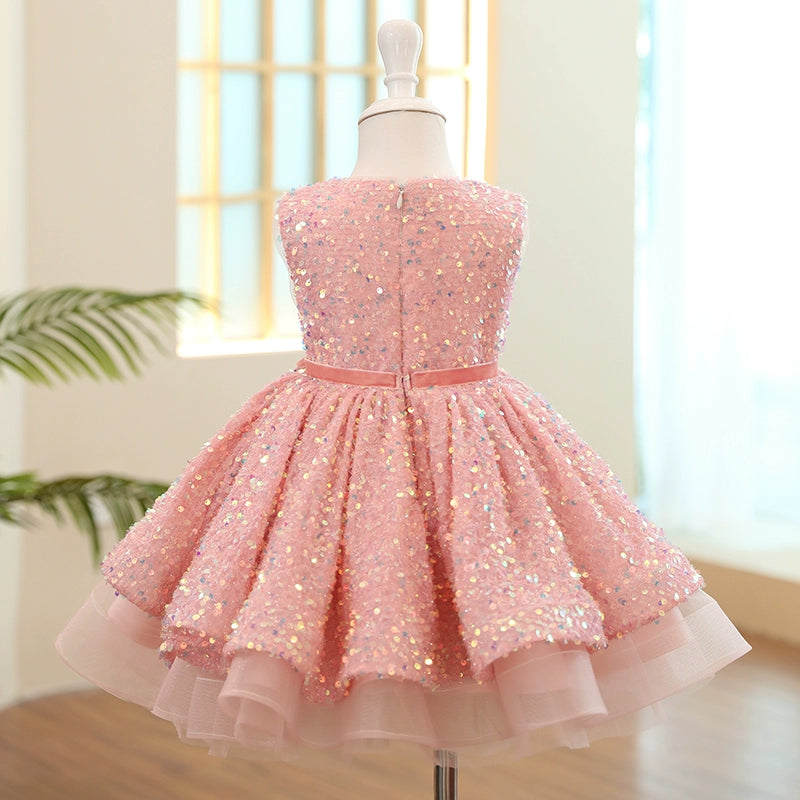 Princess Pink Sequined Back Zip Baptism Sequins Tea Length Sleeveless Round Flower Girl Dress