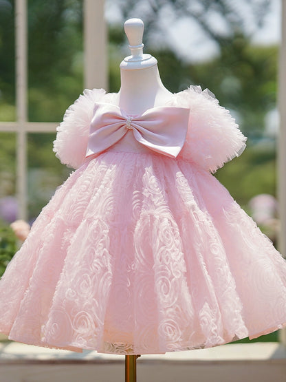 Princess Pink Tulle Back Zip Baptism Bow(s) Tea Length Short Sleeve Puff Sleeve Round Flower Girl Dress