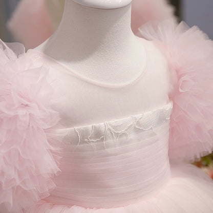 Princess Pink Tulle Back Zip Baptism Tea Length Short Sleeve Puff Sleeve Round Flower Girl Dress