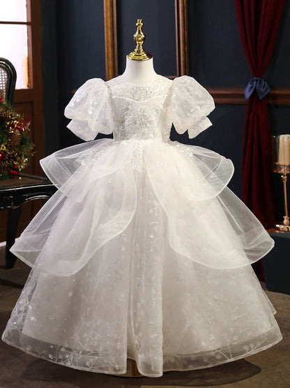 White Princess Puffy Tulle Ball Gown Flower Girl Dress with Sequins