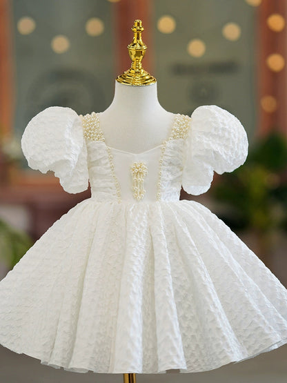 White Princess Ball Gown Flower Girl Dress – Sequins, Collared, Puffy Silhouette