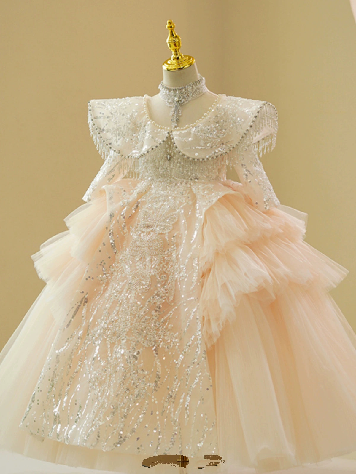 Princess Puffy Champagne Sequin Tulle Flower Girl Dress | Formal Maxi Gown for Weddings & Parties FleurKids Princess Puffy Champagne Sequin Tulle Flower Girl Dress | Formal Maxi Gown for Weddings & Parties FleurKids