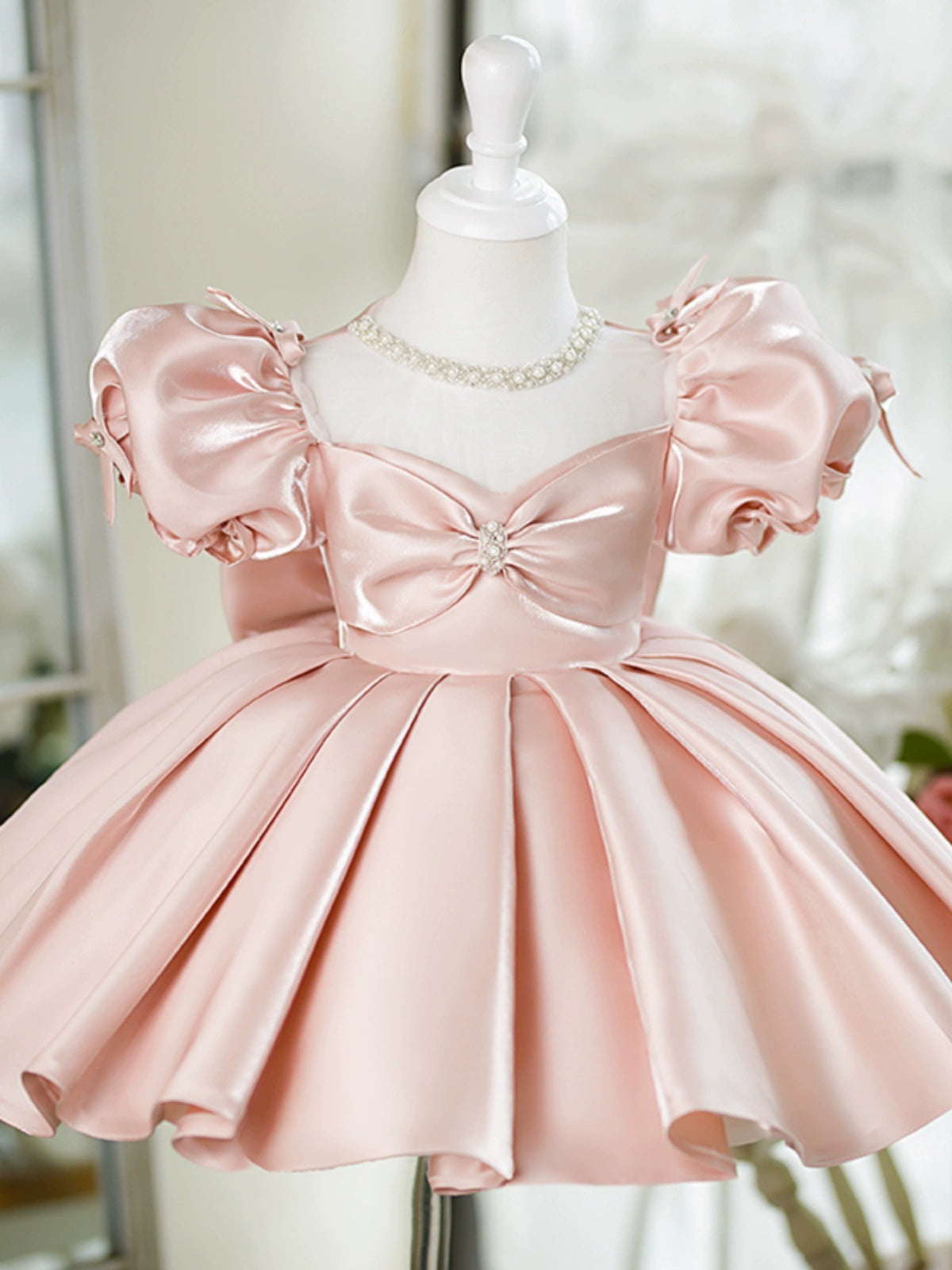 Princess Puffy Knee Length Satin Dress with Bowknot and Sequins in Pink - Pink / 3-4 Years (110cm) - Fleur Kids Princess Puffy Knee Length Satin Dress with Bowknot and Sequins in Pink - Pink / 3-4 Years (110cm) - Fleur Kids
