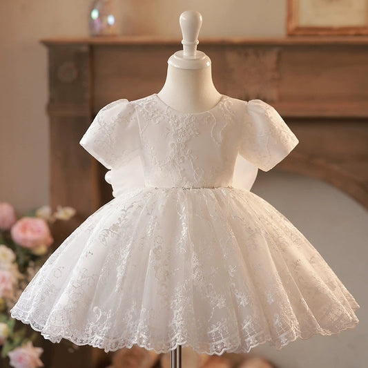 White Puffy Lace Flower Girl Dress – Princess Ball Gown for Parties & Weddings