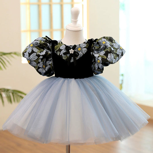 Navy Blue Puffy Princess Flower Girl Dress – Ball Gown with Floral Print
