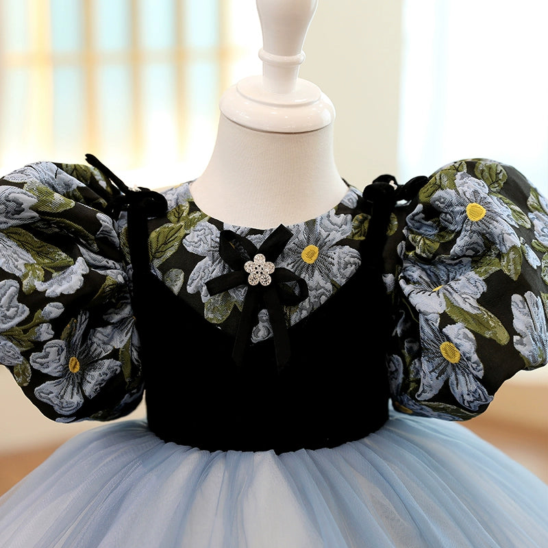 Princess Puffy Navy Blue Flower Girl Dress with Floral Print - Navy Blue / 11-12 Years (160cm) - Fleur Kids Princess Puffy Navy Blue Flower Girl Dress with Floral Print - Navy Blue / 11-12 Years (160cm) - Fleur Kids