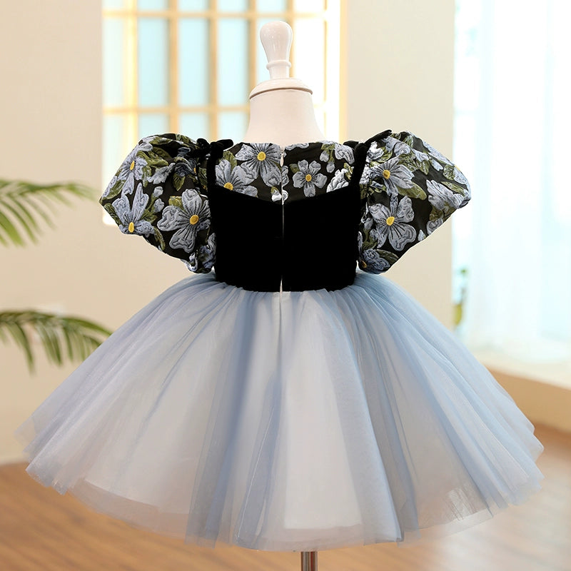 Navy Blue Puffy Princess Flower Girl Dress Ball Gown with Floral Print FleurKids Navy Blue Puffy Princess Flower Girl Dress Ball Gown with Floral Print FleurKids