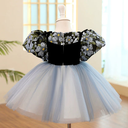 Navy Blue Puffy Princess Flower Girl Dress – Ball Gown with Floral Print