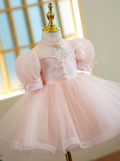 Pink Princess Puffy Tulle Flower Girl Dress with Collar for Parties & Weddings