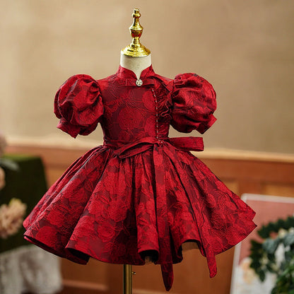 Burgundy Princess Puffy Satin Flower Girl Dress with Collar | Floral Print Ball Gown for Kids