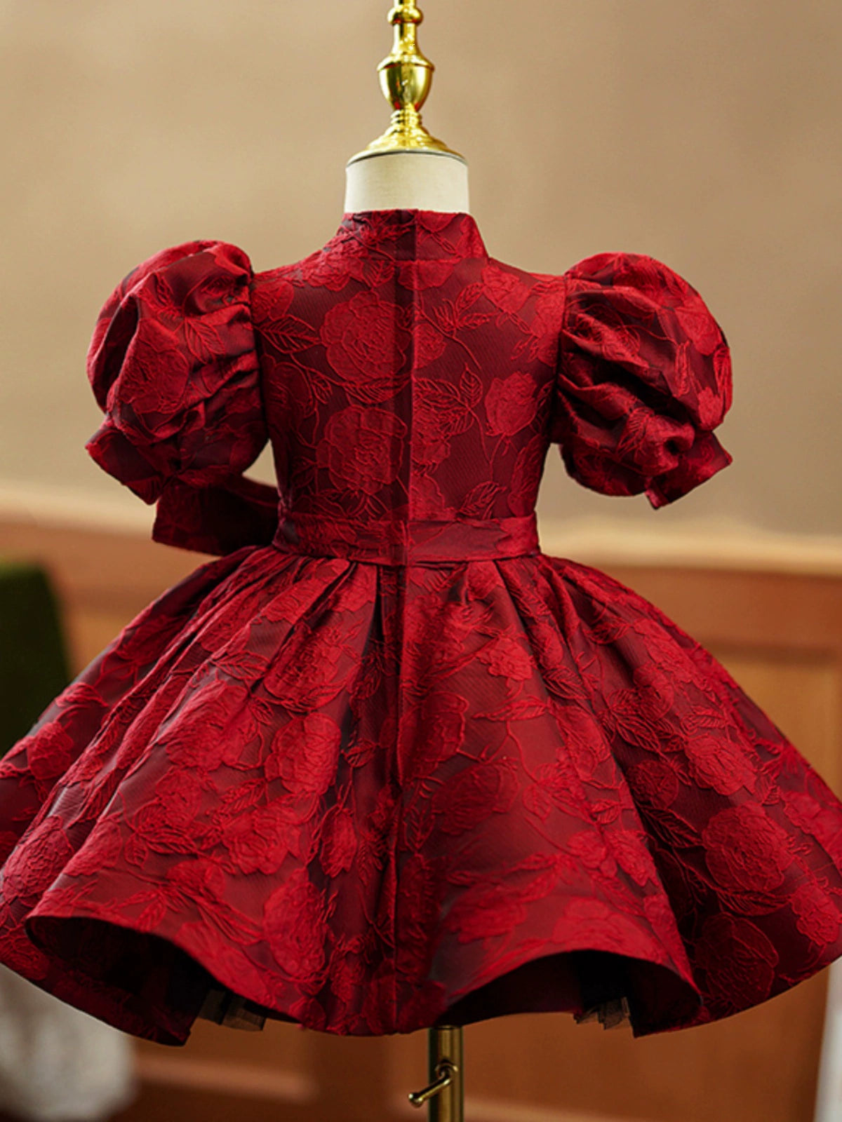 Burgundy Princess Puffy Satin Flower Girl Dress with Collar | Floral Print Ball Gown for Kids
