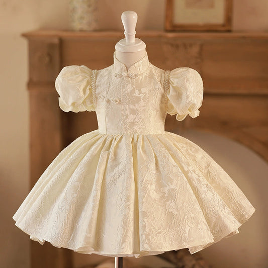 White Puffy Satin Flower Girl Dress with Sequins & Collar - Princess Ball Gown