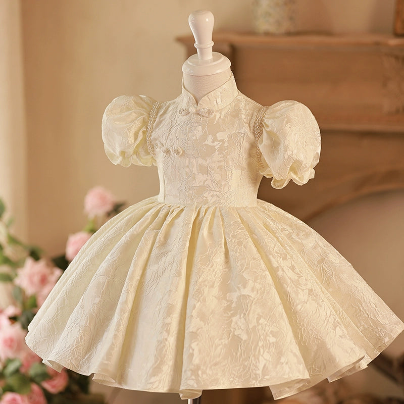White Puffy Satin Flower Girl Dress with Sequins & Collar - Princess Ball Gown