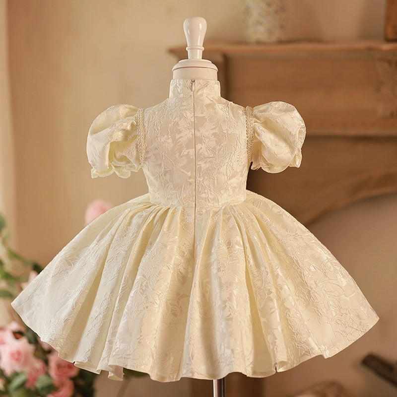 White Puffy Satin Flower Girl Dress with Sequins & Collar - Princess Ball Gown