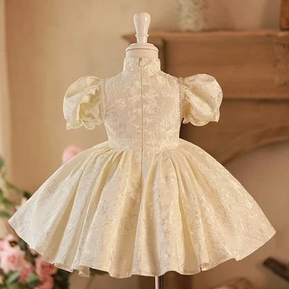 White Puffy Satin Flower Girl Dress with Sequins & Collar - Princess Ball Gown