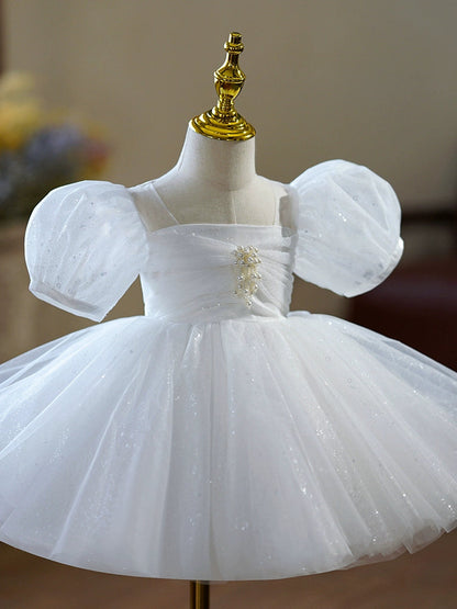 Princess Puffy Sequined Flower Girl Dress – White Tulle Ball Gown