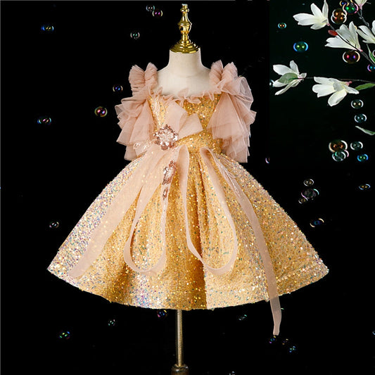 Champagne Princess Puffy Tea-Length Flower Girl Dress with Sequins