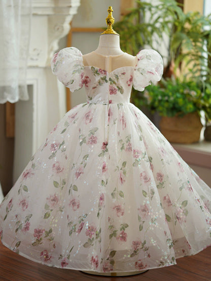 Princess Puffy White Sequin Flower Girl Dress – Floor Length Ball Gown for Special Occasions