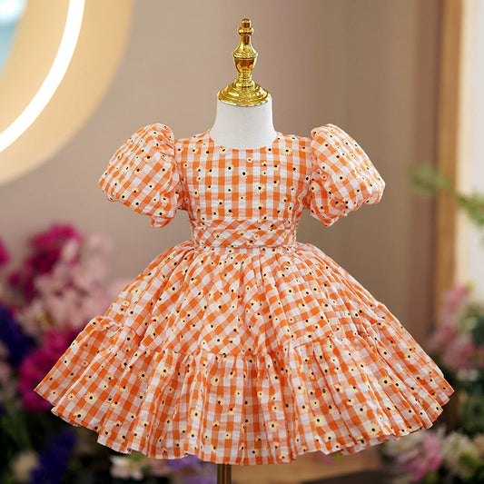 Princess Puffy Floral Tea Length Orange Dress for Girls | Party & Wedding Attire